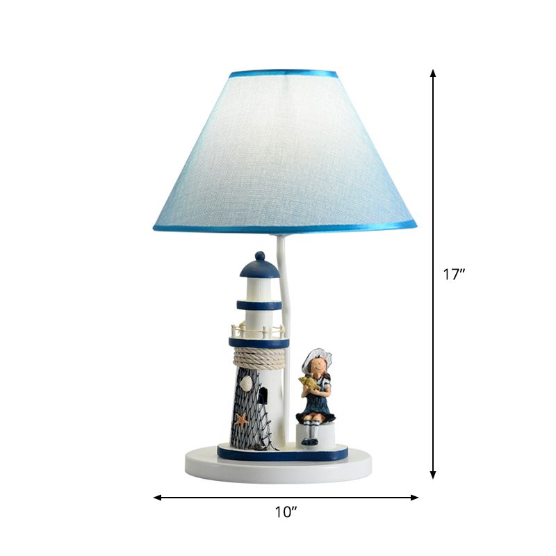 Barrel Shade Night Light Kids Fabric 1 Head Blue Table Lamp with Cartoon Girl/Boy and Lighthouse Decor