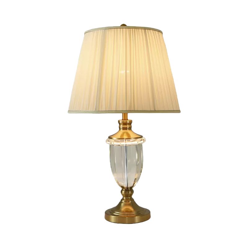 Tapering Fabric Nightstand Light Minimalistic Single Beige Table Lighting with Crystal Base