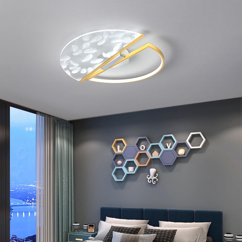 Round Shape LED Feather Ceiling Lamp Modern Iron 2 Lights Flush Mount for Study