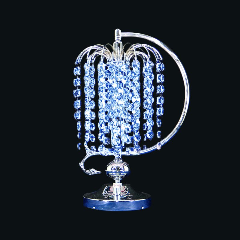 1-Head Drooping Tassel Night Light Retro Pink/Yellow/Blue Crystal Table Lighting with Polished Chrome C Arm