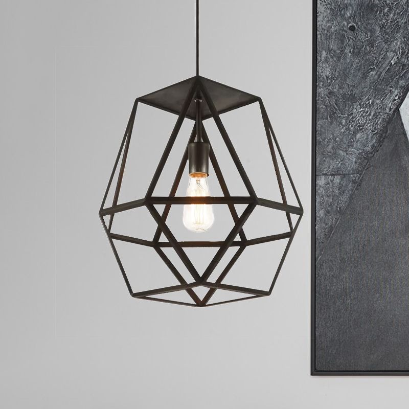 1 Head Pendant Light Industrial Polygon Metal Shade Hanging Light Fixture with Wire Guard in Black