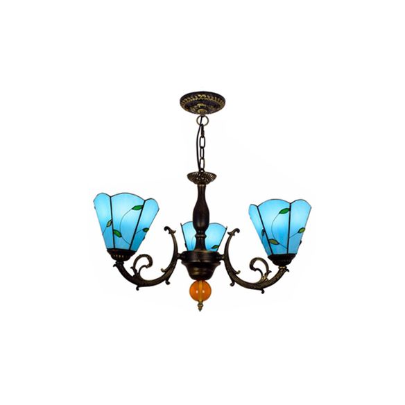 Blue Conic Shade Chandelier Light Industrial Vintage Stained Glass 3 Lights Leaf Inverted Chandelier