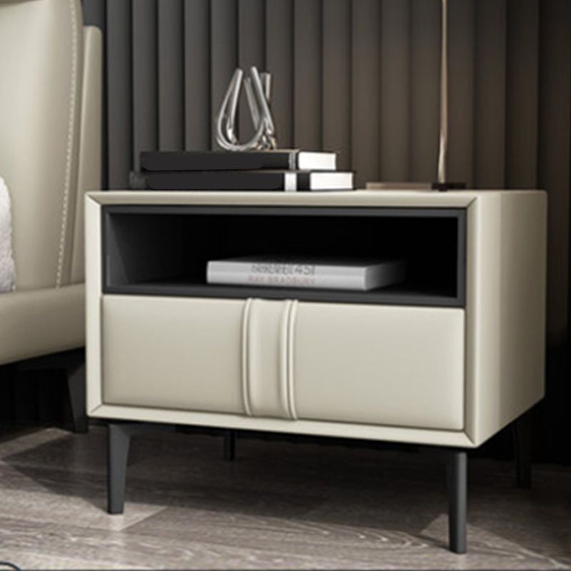 Wooden and Leather Bed Nightstand Modern Minimalist Open Bedside Table with Drawers