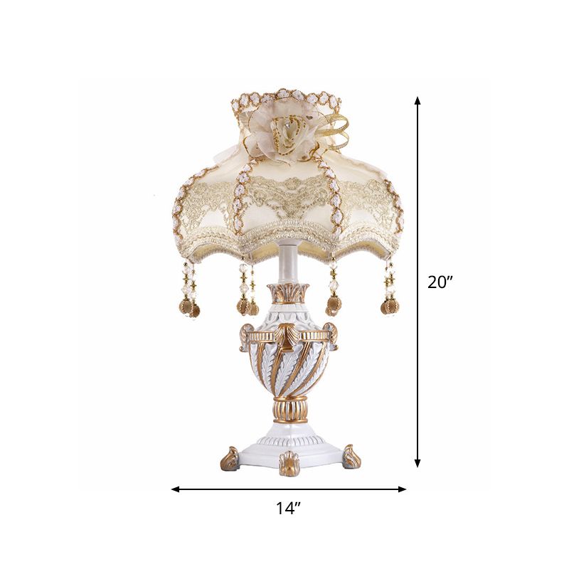 Resin Urn-Shaped Table Lamp Pastoral Style 1 Head Beige Night Light with Fabric Shade