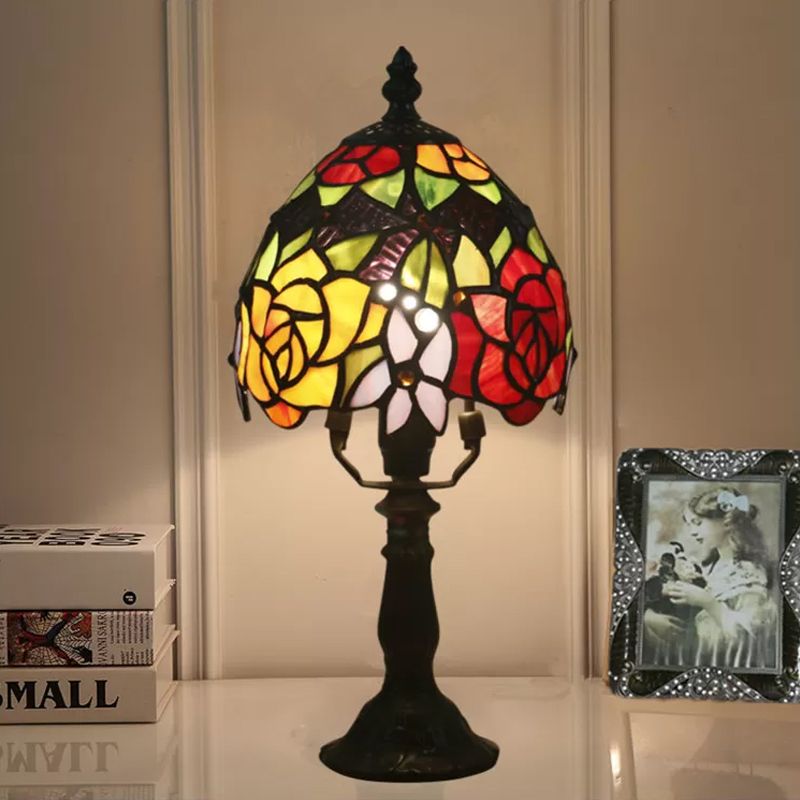 1 Head Rose Patterned Night Lamp Baroque Dark Coffee Stained Art Glass Nightstand Light with Bowl Shade