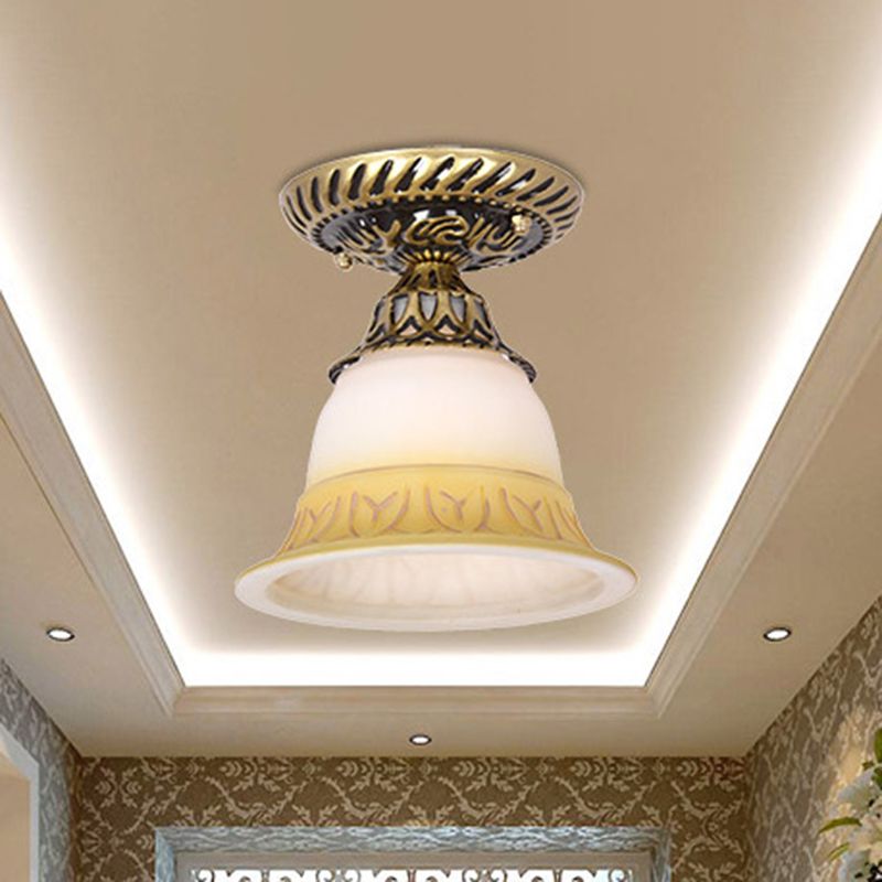 1 Bulb Flush Mount Light Retro Flower Shade White Frosted Glass Semi Flush Ceiling Light