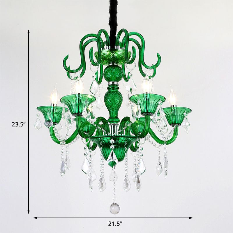 6 Heads Living Room Pendant Chandelier Retro Green Hanging Light Kit with Branch Crystal Shade