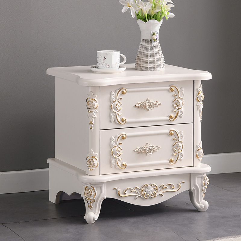 French Country Wood Top Nightstand White Two-Drawer Night Table with Four Legs