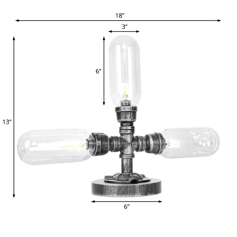 Capsule Clear/Amber Glass Night Light Farmhouse 2/3 Heads Tearoom LED Table Lamp with Pipe Base