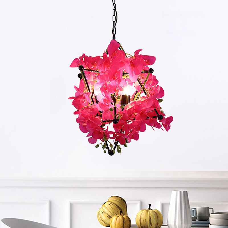 Metal Star Frame Chandelier Lamp Retro Style 4 Lights Restaurant Suspension Pendant with Yellow/Rose Red Floral