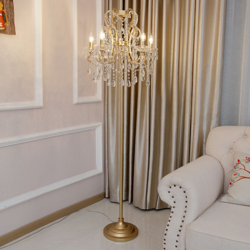 5 Bulbs Scroll Frame Floor Lighting Classic Style Gold Metal Standing Floor Lamp with Crystal Strand