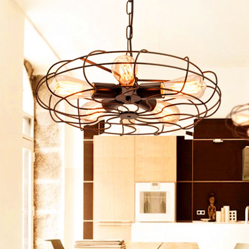 Retro Industrial Style Hanging Fan Shape Chandelier Pendant Light 5 Lights Metal Ceiling Lights Fixture for Restaurant