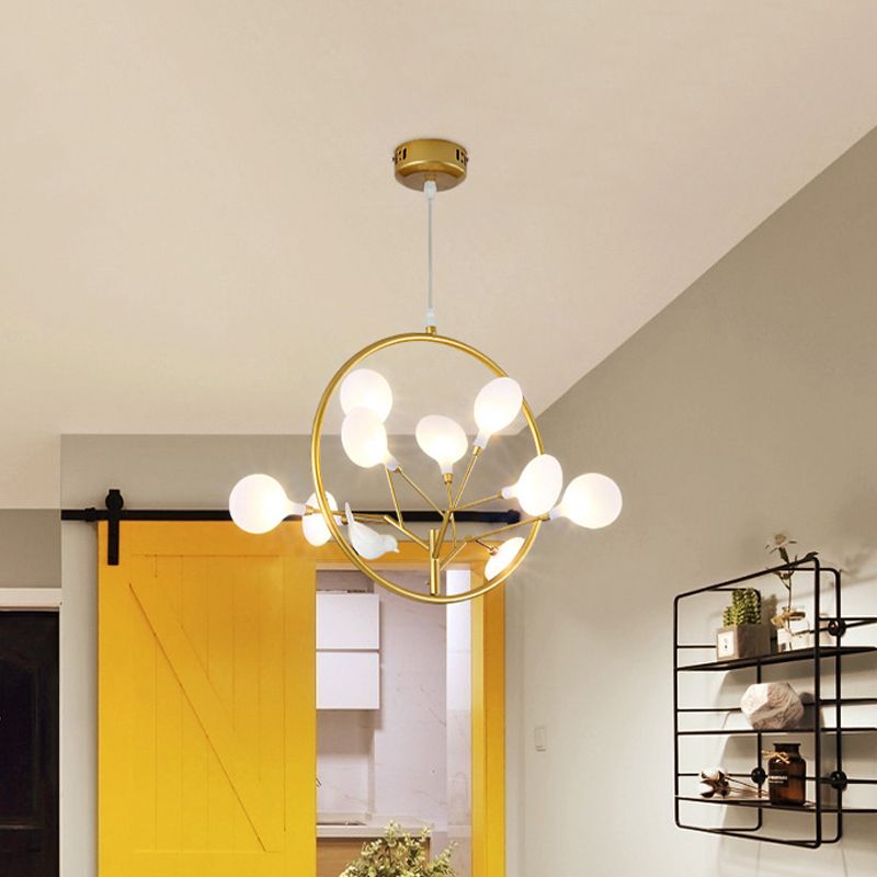 9 Lights Branch Pendant Lamp with Bird Deco Elegant Metallic Hanging Light in Gold for Cloth Shop