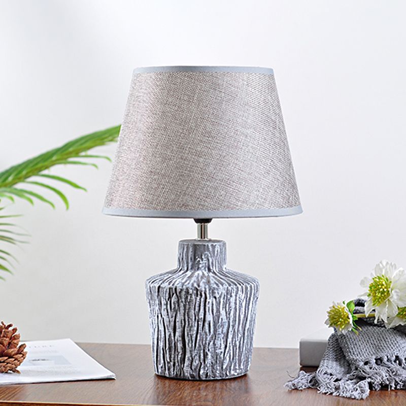 Grey/Yellow Finish Jar-Shape Night Table Light Modern 1 Head Ceramics Night Lamp with Barrel Fabric Shade