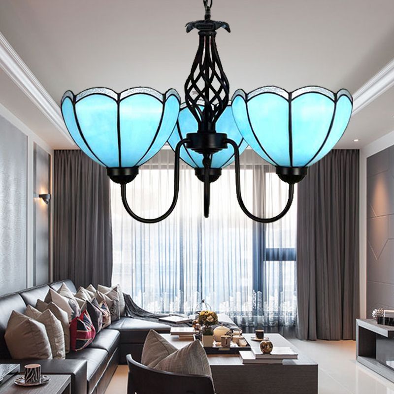 3 Lights Scalloped Chandelier Light Traditional Tiffany Blue Glass Pendant Light for Living Room