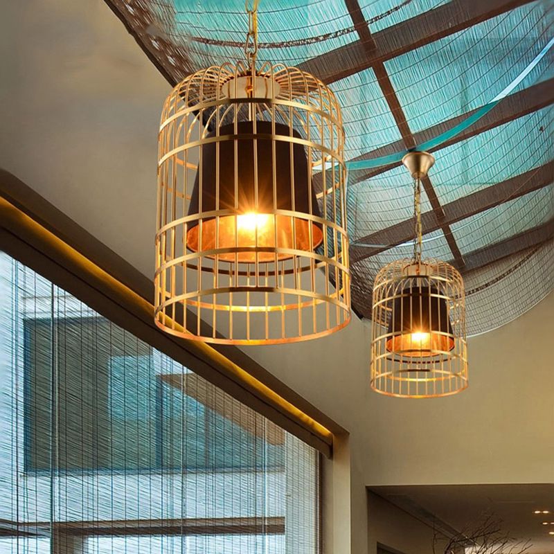 Gold Cage Shade Pendant Lighting New Chinese Style Retro 1 Light Restaurant Hanging Lamp