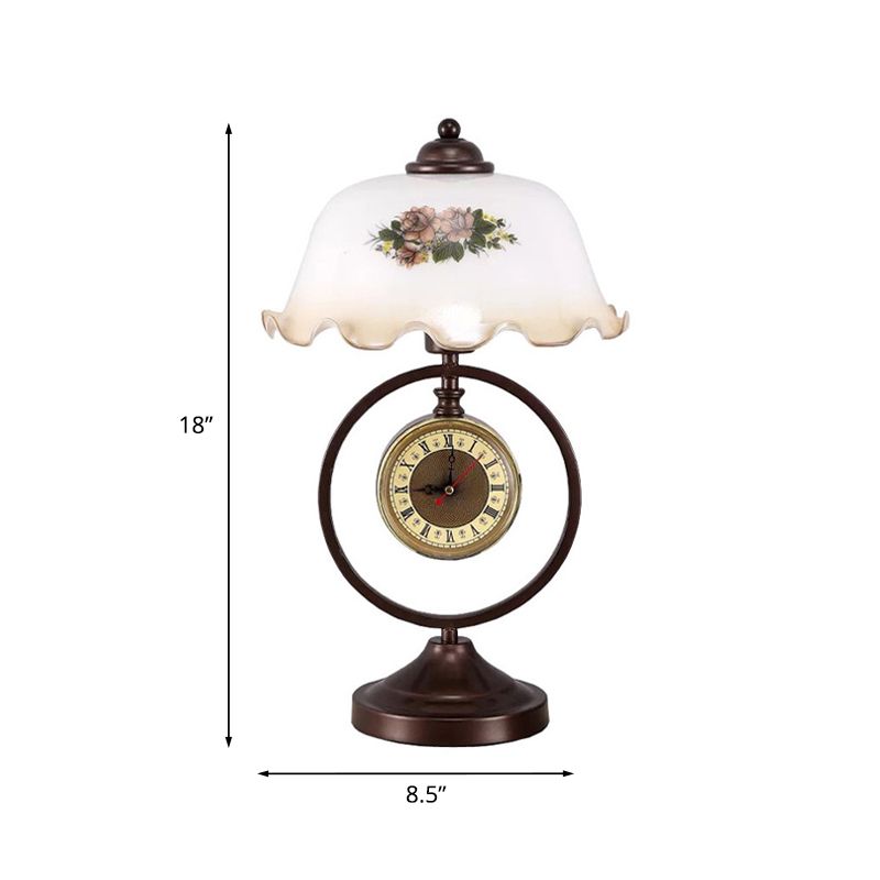 Rust 1 Head Pleated Table Light Vintage Opaline Glass Dome Reading Book Lamp with Ring and Clock