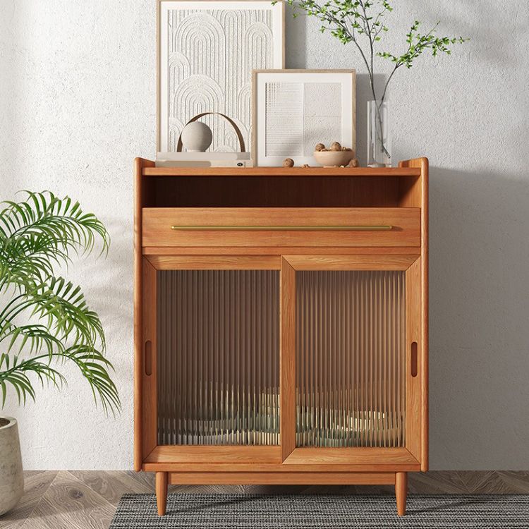 Modern Style Dining Server Pine Solid Wood Living Room Server with Glass Doors