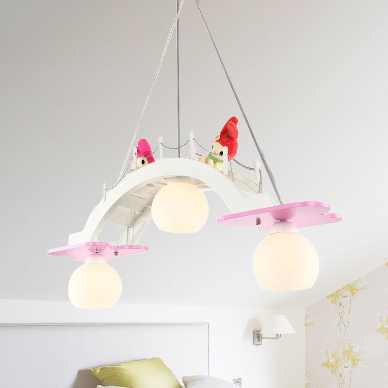 Bridge Nursery Cluster Pendant Lamp Wooden 3 Heads Kids Suspension Light in Blue/Pink with Cream Glass Shade