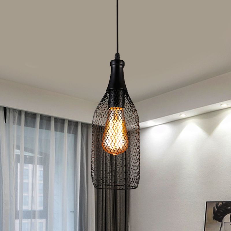 1 Light Bottle Mesh Hanging Lighting Industrial Style Black Finish Iron Pendulum Lamp