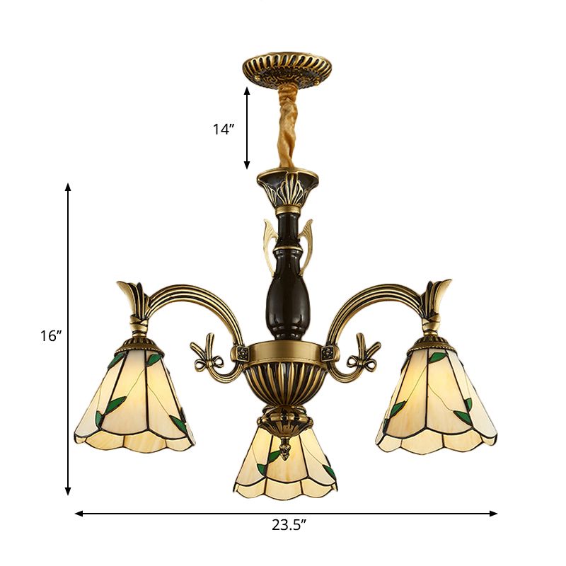 Dining Room Chandelier with Cone Shade Adjustable Beige Glass 3 Lights Rustic Pendant Lamp
