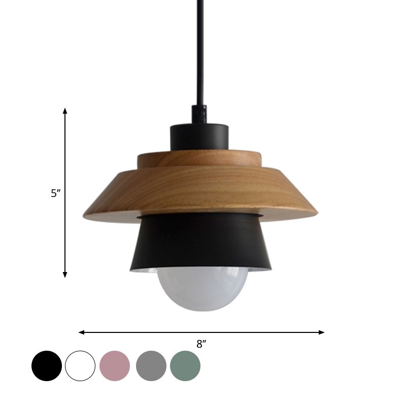 2-Shade Iron Hanging Lamp Kit Macaron Single Pink/Grey/Green and Wood Pendant Lighting Fixture