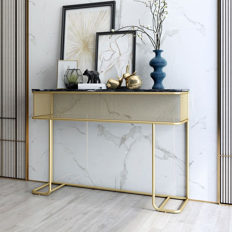 Glam Half Moon Console Accent Table Antique Finish Console Sofa Table in Marble