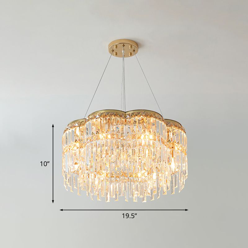 6-Light Floral Drum Chandelier Postmodern Gold Tri-Sided Crystal Rod Hanging Ceiling Light