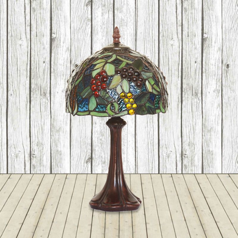 1-Light Bedside Table Lamp Tiffany Coffee Night Light with Grapes Patterned Dome Stained Glass Shade