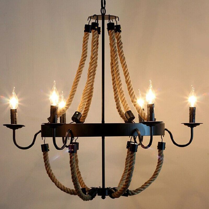 Rope Basket Chandelier Light Fixture Farmhouse 6/8 Bulbs Living Room Ceiling Pendant in Brown