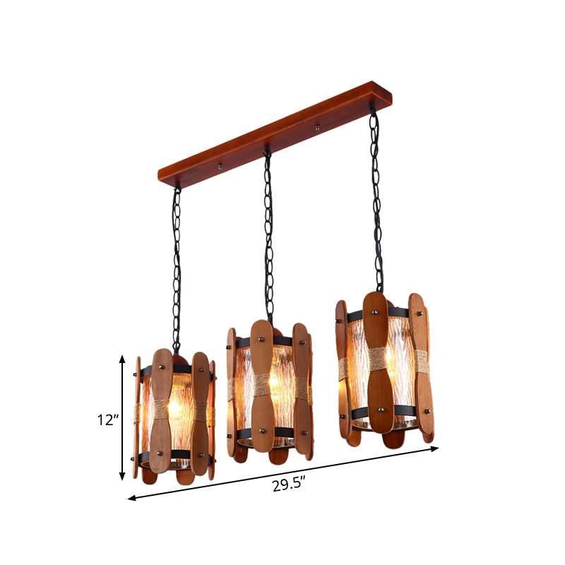 Cylinder Yellow Water Glass Cluster Pendant Retro 3 Heads Dining Room Hanging Light Kit in Brown with Wood Panel Design