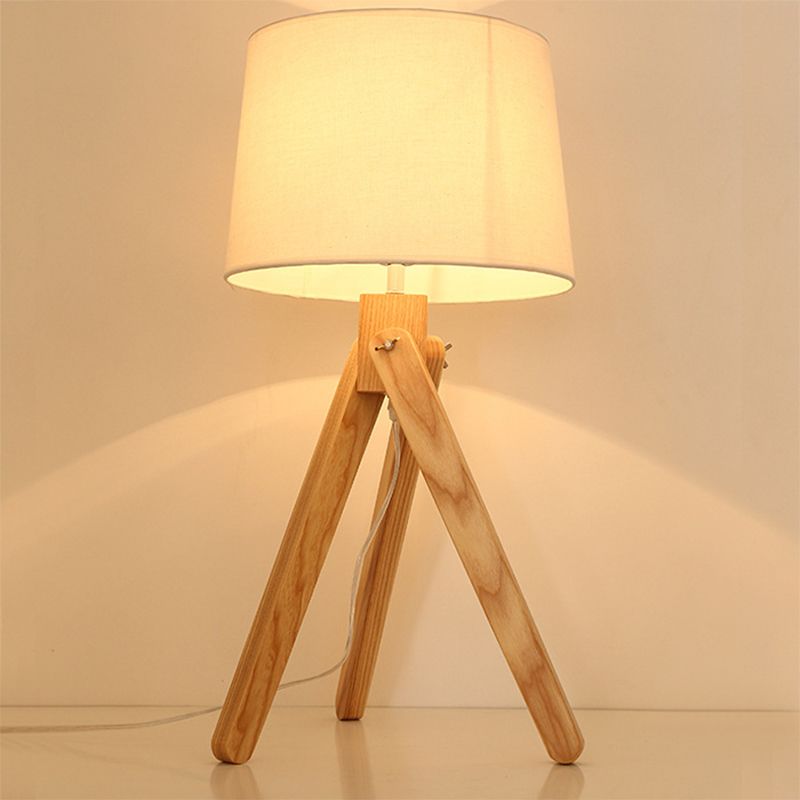 White Tapered Shade Night Lamp Nordic 1 Head Fabric Table Lighting with Wood Telescope Stand