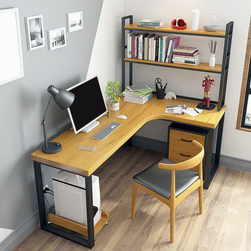 L-Shaped Office Desk Solid Wood Study Room and Office Writing Desk with Shelf