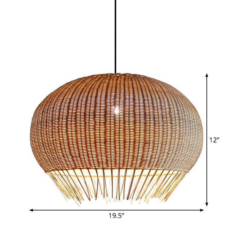 Sphere Dining Hall Hanging Pendant Bamboo 1 Bulb Asian Suspension Lighting with Fringe in Beige