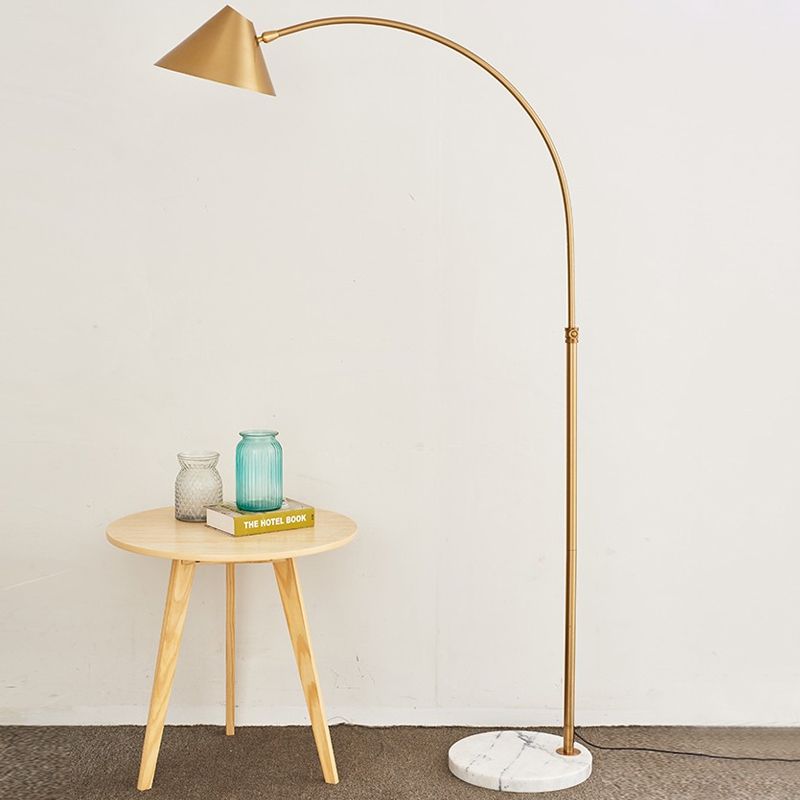 Conical Reading Floor Lamp Postmodern Metallic 1-Light Gold Finish Arched Standing Light