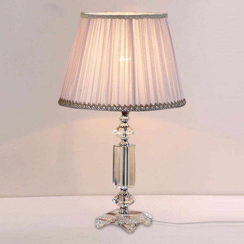 1 Bulb Tapered Pleated Shade Table Light Traditional Blue/Cream Gray/Beige Fabric Night Stand Lamp with Clear Crystal Base