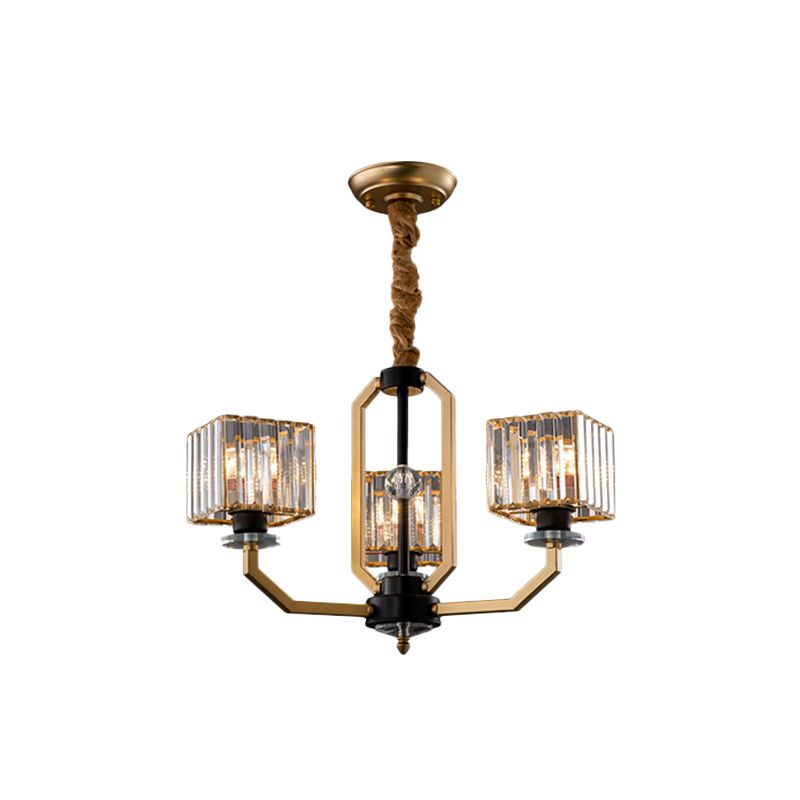 3/6 Bulbs Dining Room Chandelier Light Contemporary Gold Ceiling Lamp with Cubic Crystal Block Shade