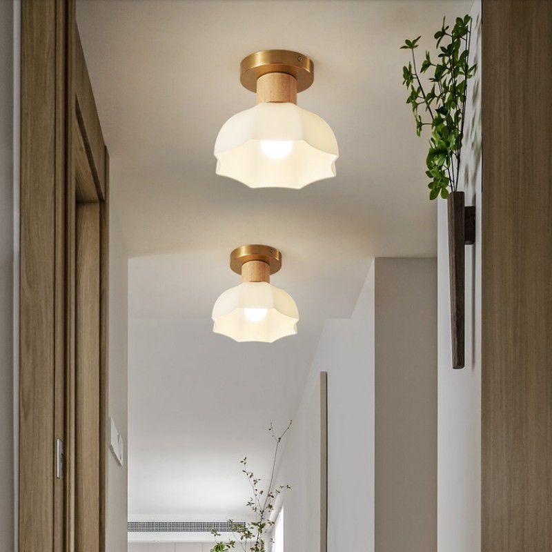 1-Light Ceiling Light Modern Wooden Ceiling Mount Light with Glass Shade for Living Room