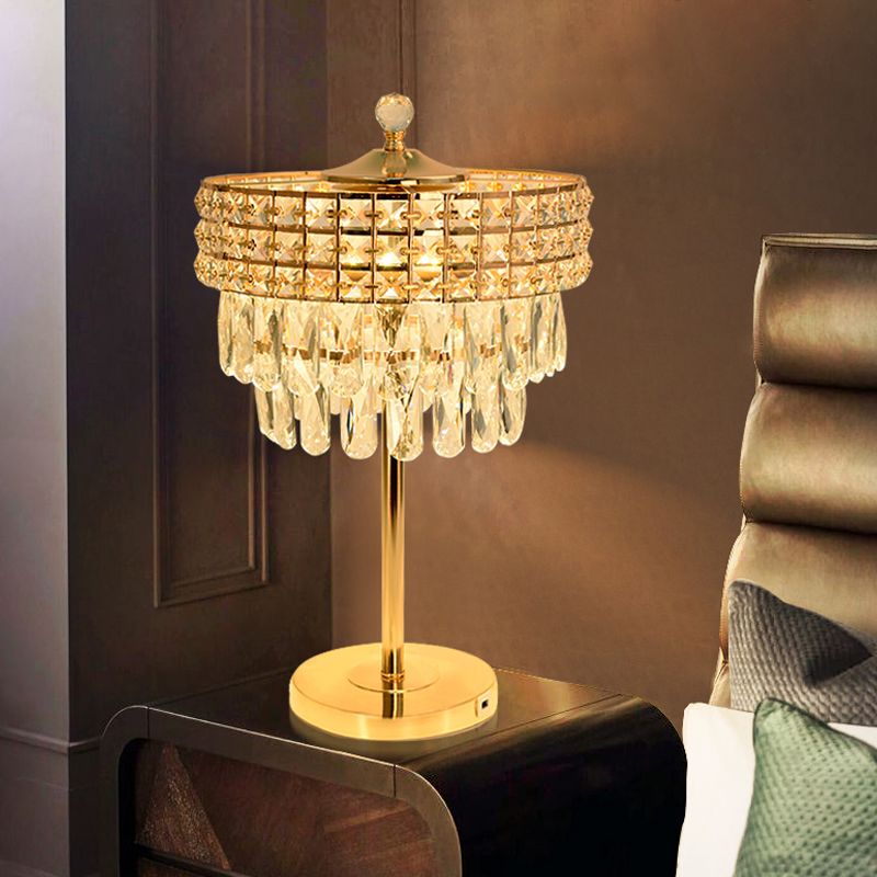 Gold LED Nightstand Lamp Countryside Clear Crystal Teardrop Night Lighting for Bedroom