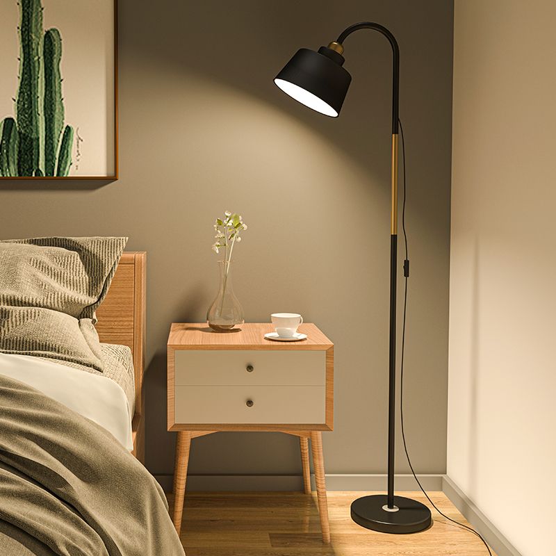 Round Bedside Floor Reading Lamp Metal 1 Head Nordic Standing Light with Gooseneck Arm