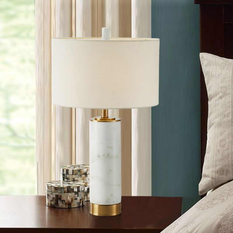 Drum Shade Nightstand Lamp Minimalist Fabric Single Bedroom Table Light with Marble Accent in White