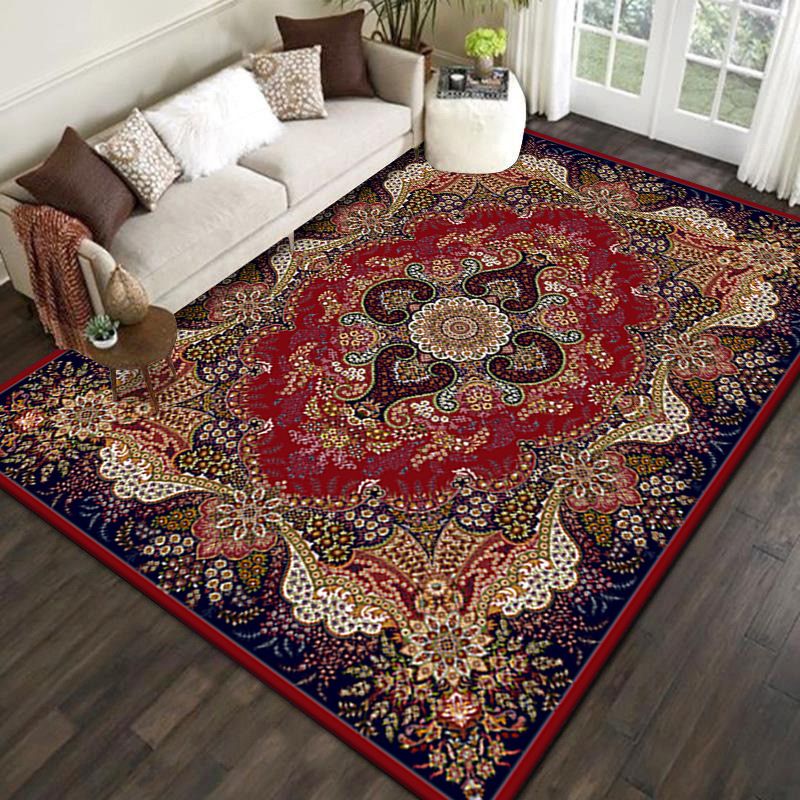 Wine Red Bohemian Rug Polyester Graphic Rug Washable Rug for Living Room