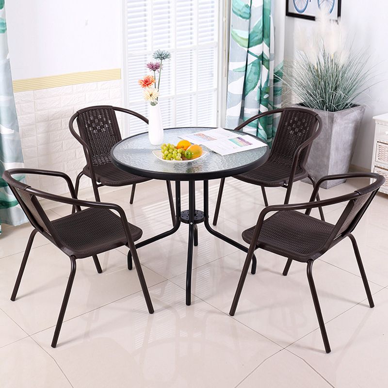 Modern Outdoor Bistro Chairs Faux Rattan With Arm Stacking Plastic Dining Chairs