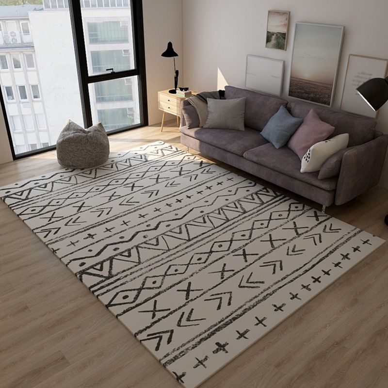 Solid Color Ethnic Print Rug Polyester Bohemian Carpet Non-Slip Backing Indoor Rug for Home Decora