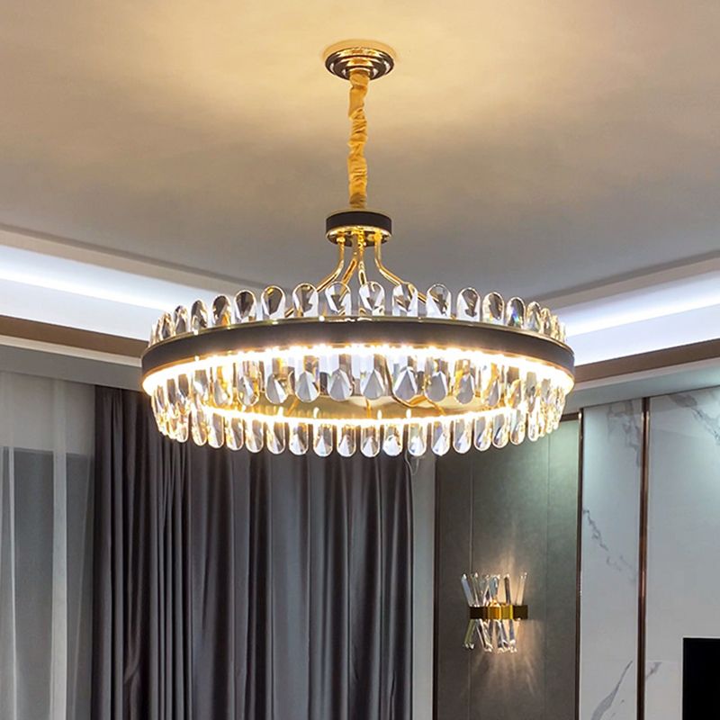 Simplicité Anneau LED lustre Light K9 Crystal Living Room Pendant Lightture en or-noir