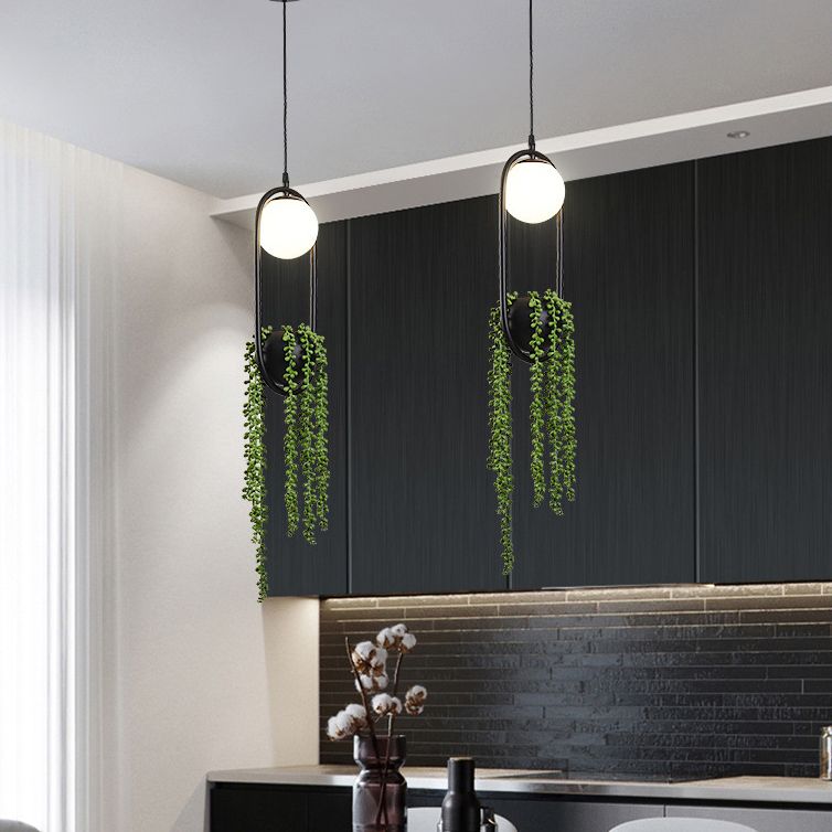 Black 1 clair pendentif sphérique léger nordique rétro rétro ovale métallique ombre lampe suspendue avec plante verte