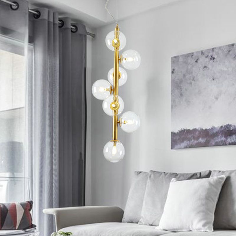 Cognac/Clear Glass Ball Ceiling Chandelier Modern 7 Heads LED Hanging Pendant Light in Gold for Living Room