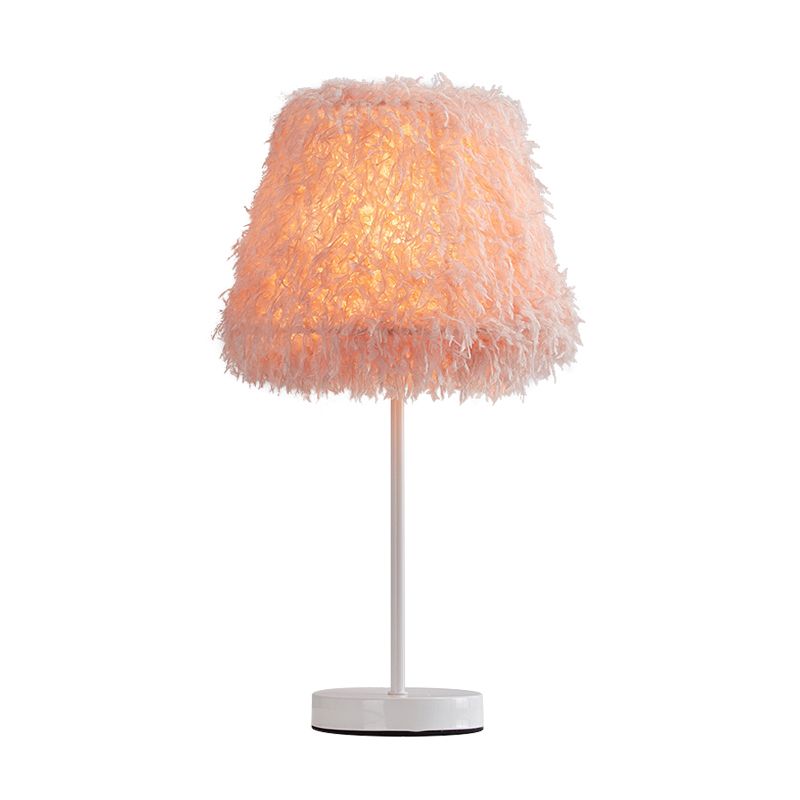 Pink/White Feather Conical Nightstand Lamp Modernist 1-Head Reading Book Light with White/Gold Base