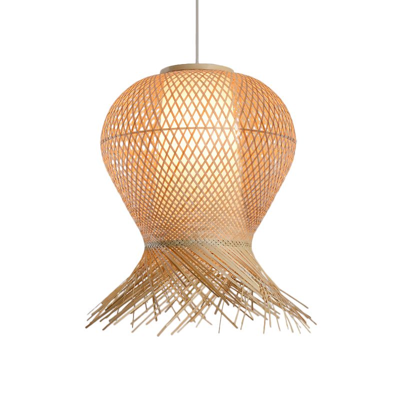 Woven Pendant Lighting Traditional Bamboo 1 Bulb 12"/16"/19.5" Wide Beige Hanging Lamp Kit for Living Room