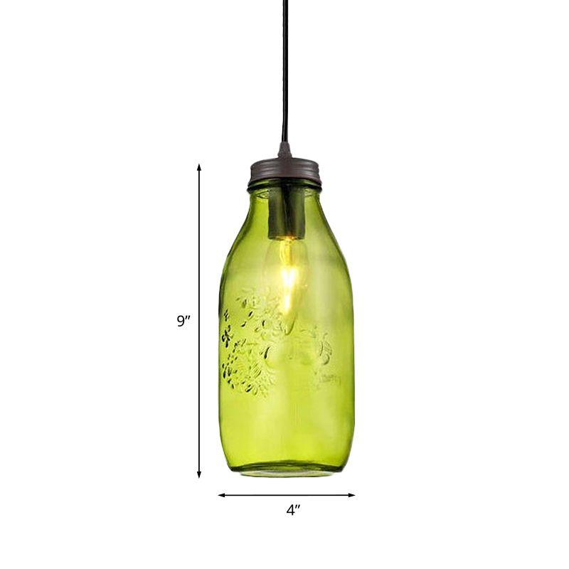 1-Light Pendant Lighting Modern Caged Mason Jar Blown Glass Hanging Ceiling Light in Red/Green/Amber